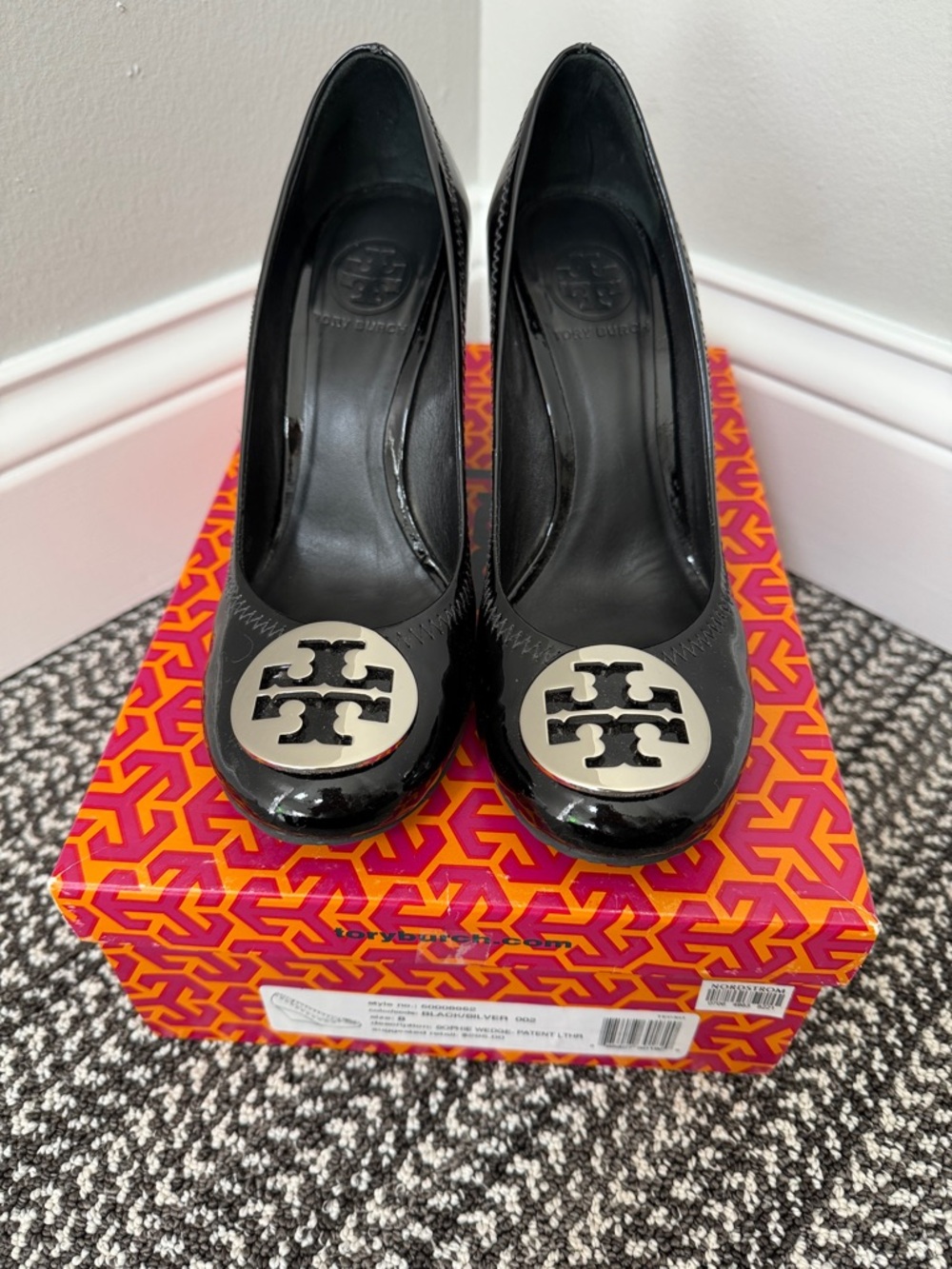 Tory Burch Sophie Wedge Black Patent Leather Silver Logo